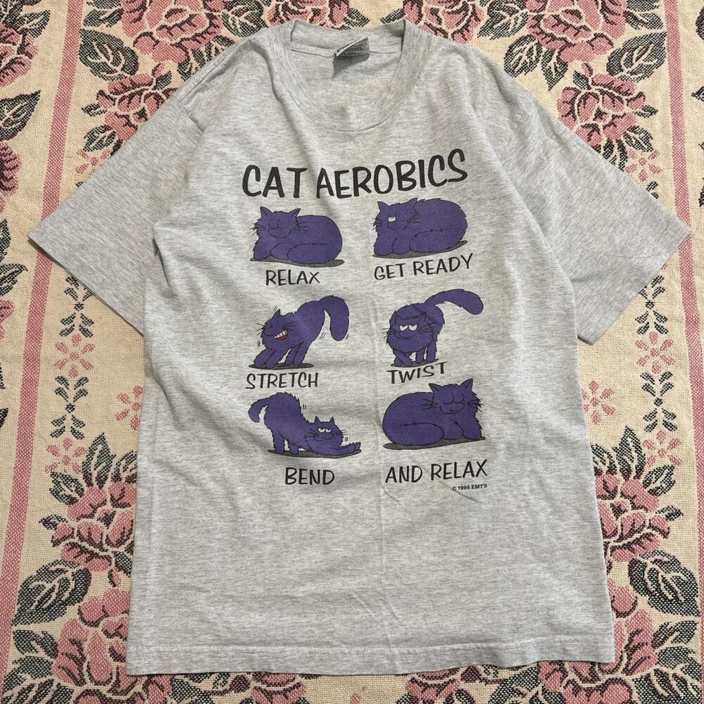 Vintage 1995 cat aerobics gag tee